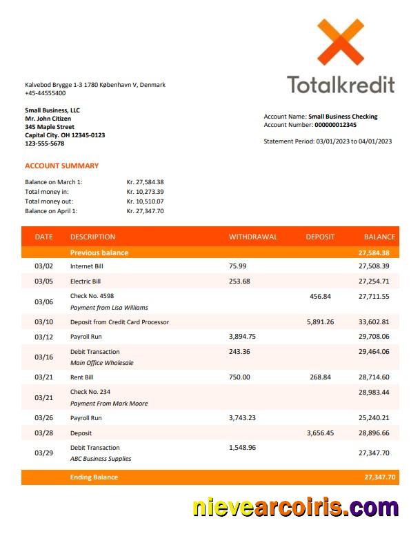 Totalkredit Bank organization account statement Word and PDF